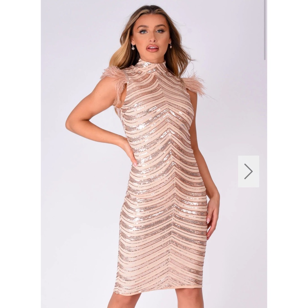 Destiny Vip Rose Gold Luxe Feather Sequin Illusion Midi Pencil Dress